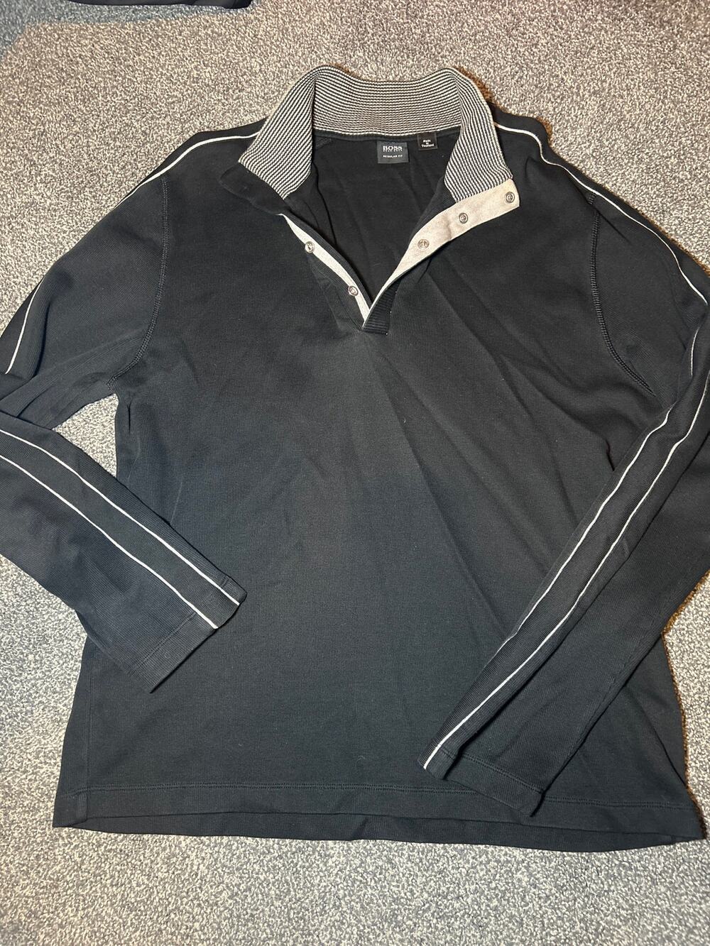 Hugo Boss Mens Regular Fit Zip Neck Jumper Sweater Large Black Striped AD26 L